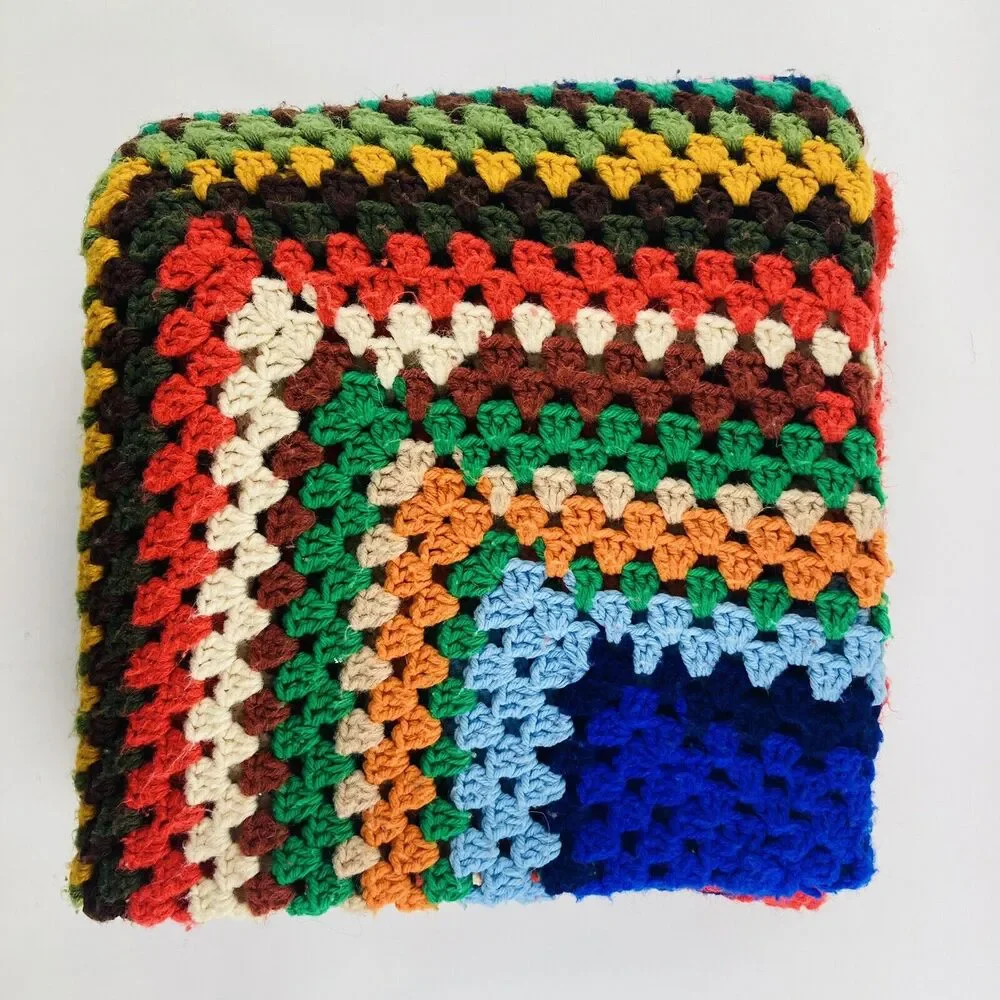 Vintage ONE Granny Square Afghan Crochet Blanket Throw Bright Multicolor Retro H